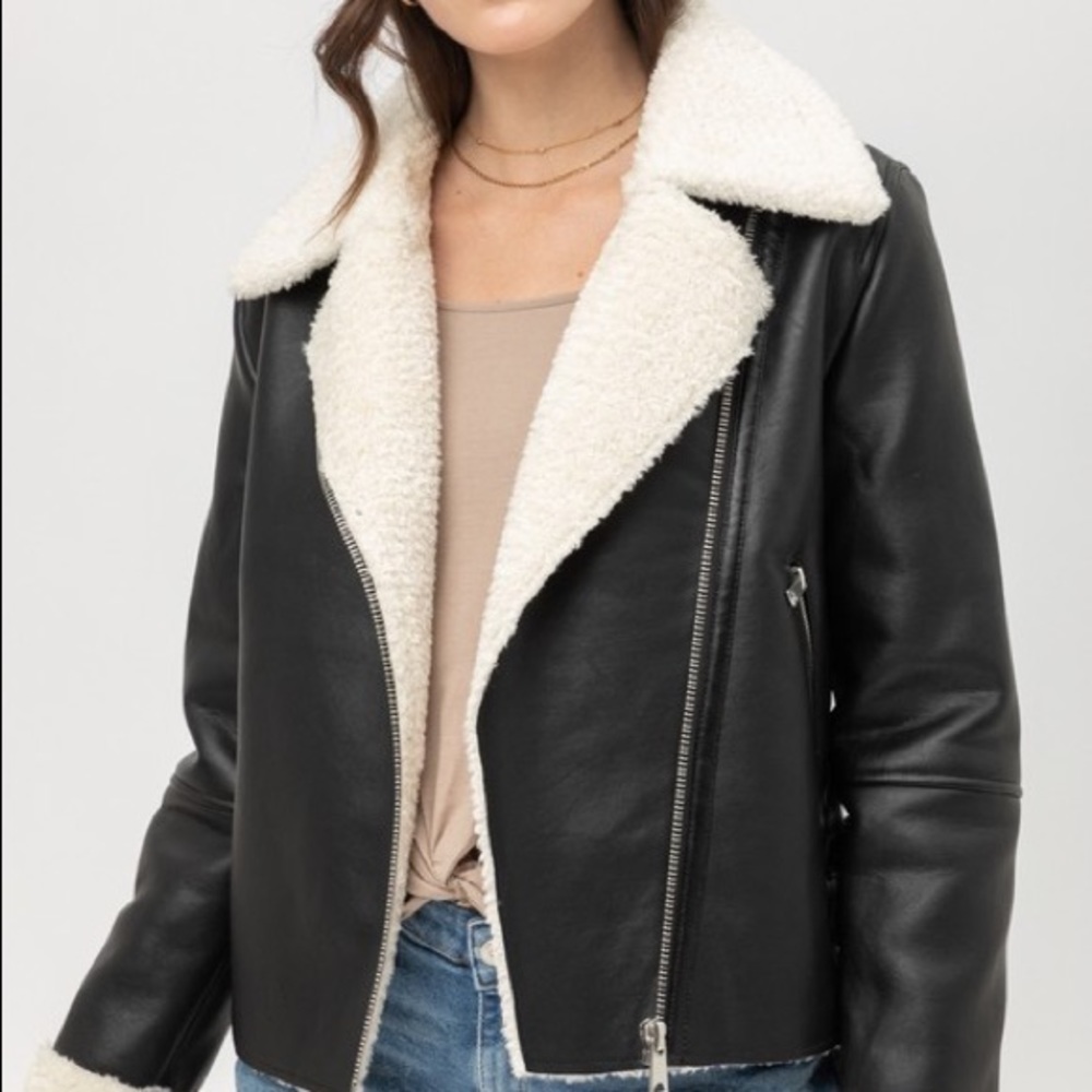Black shearling zipper leather moto biker jacket - Picture 5 of 6